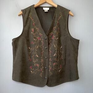 Vintage Vest Size Large Embroidered Floral Faux Suede Olive Cottagecore Romantic